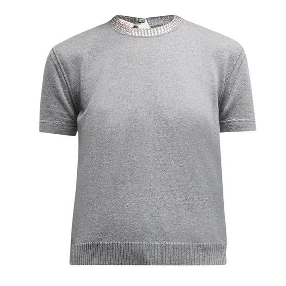 VALENTINO Rhinestone Embellished Short Sleeve Crop Knit Sweater In Grey L - Picture 1 of 15